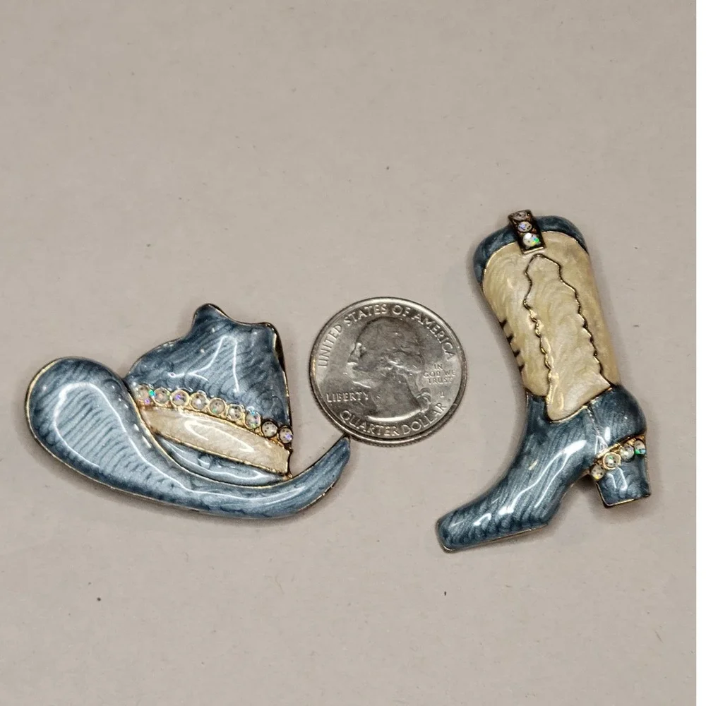 Vintage Blue Enamel Western Cowboy Hat and Boot Brooch Pin Set